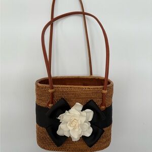 Chic Brown Woven Shoulder Bag with Floral Detail